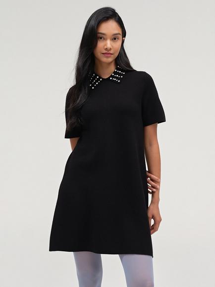 Chinti & Parker Short Sleeve Jewelled Collar A-Line Dress, Black, Black