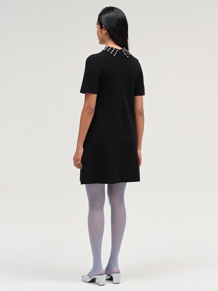 Chinti & Parker Short Sleeve Jewelled Collar A-Line Dress, Black - view 2, Black