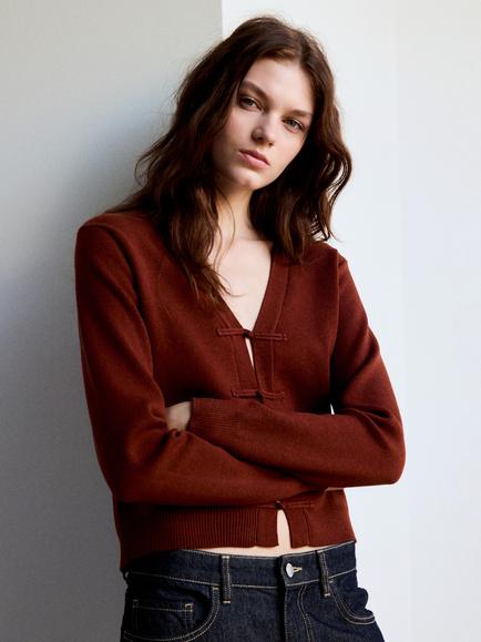 Mango V-Neck Long Sleeve Cardigan, Rust, Rust