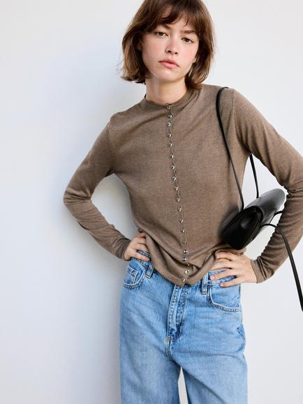 Mango Long Sleeve Round Neck Cardigan, Taupe