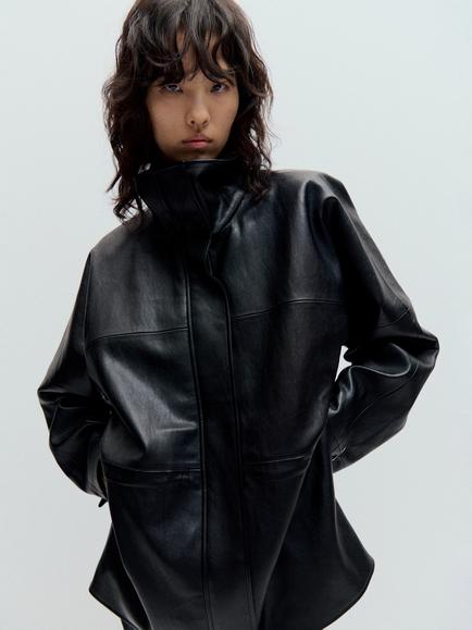 Mango Funnel Neck Faux Leather Bomber Jacket, Black, Black