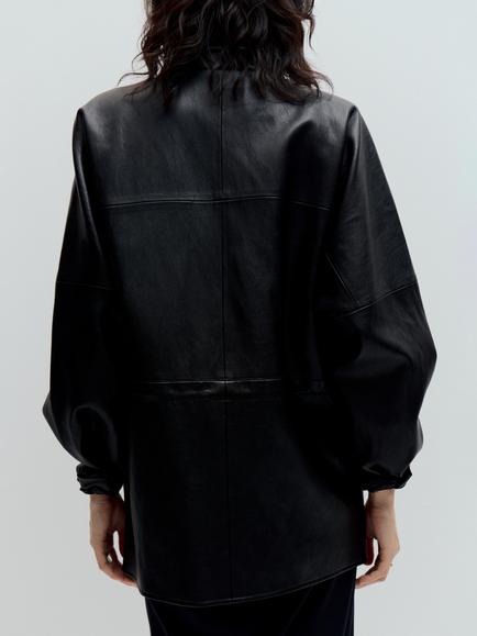 Mango Funnel Neck Faux Leather Bomber Jacket, Black - view 2, Black