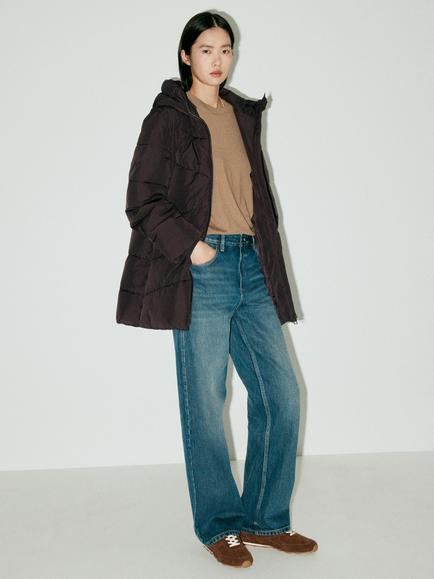 Mango Longline Hooded Puffer Coat, Chocolate, Chocolate