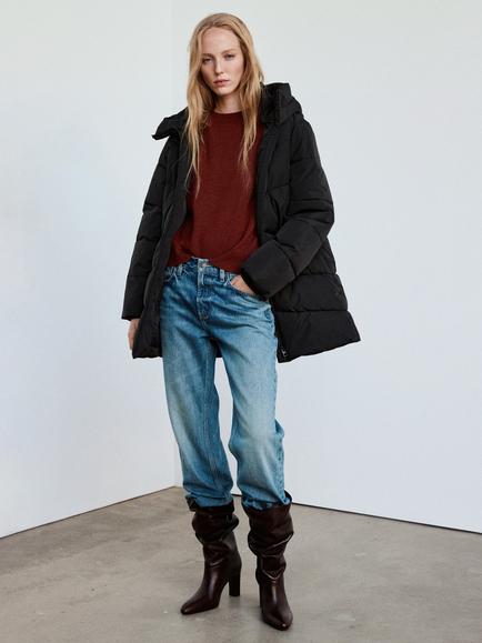 Mango Longline Hooded Puffer Coat, Black, Black