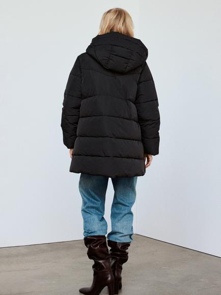 Mango Longline Hooded Puffer Coat, Black - view 2, Black