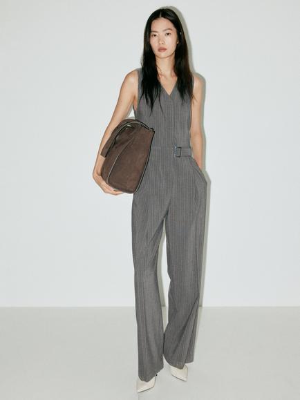 Mango Wide Leg Belted Sleeveless Jumpsuit, Grey, Grey