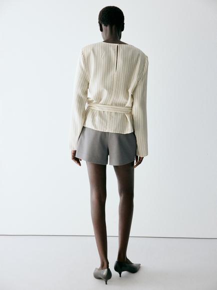 Mango Long Sleeve Tie Waist Blouse, Neutral - view 2, Neutral