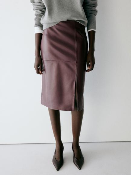 Mango High-Rise Faux Leather Pencil Midi Skirt, Bordeaux, Bordeaux