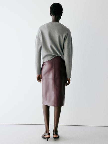 Mango High-Rise Faux Leather Pencil Midi Skirt, Bordeaux - view 2, Bordeaux