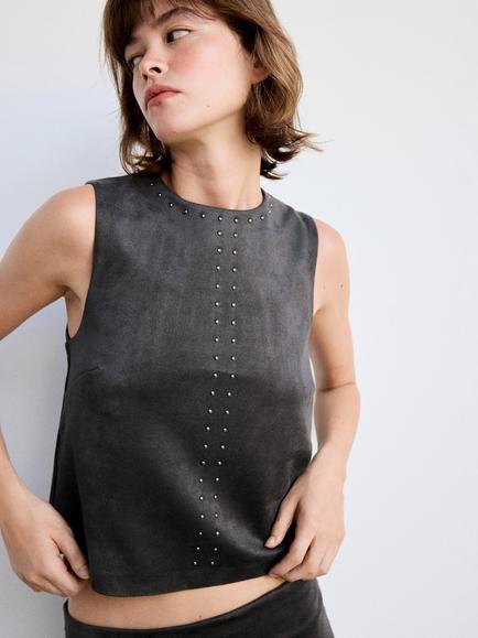 Mango Round Neck Stud Detail Vest Top, Grey, Grey