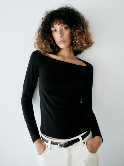 Mango Boat Neck Long Sleeve Top, Black, Black