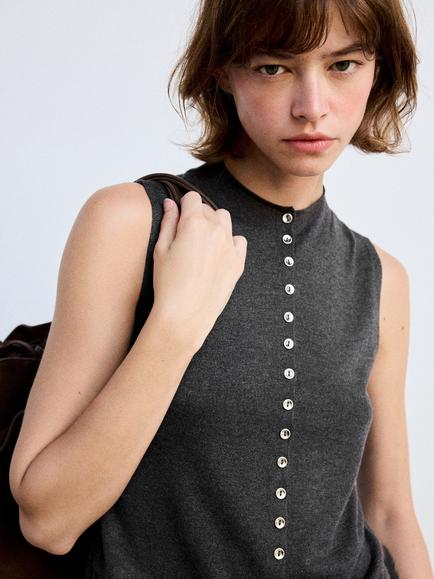 Mango Mock Neck Knitted Button Front Vest, Anthracite, Anthracite