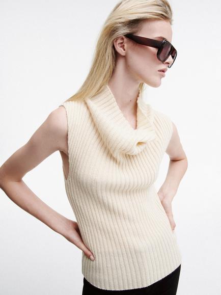 Mango Cowl Neck Ribbed Knitted Vest, Raw, Raw