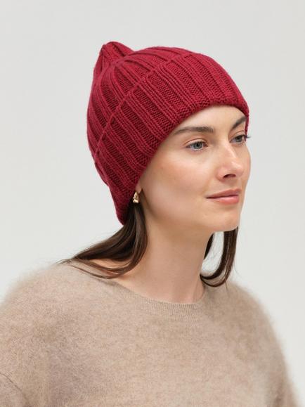 Chinti & Parker Wool Rich with Cashmere Ribbed Beanie Hat - view 2, Cherry