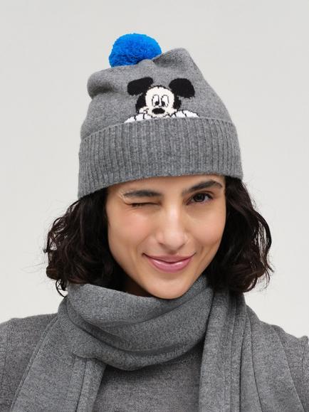 Chinti & Parker x Disney Mickey Wool Rich with Cashmere Bobble Hat, Grey, Grey