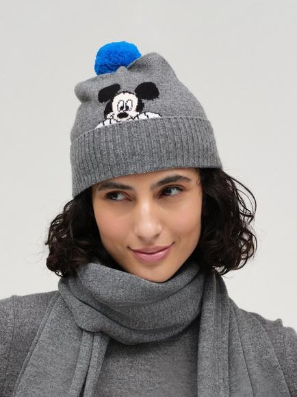 Chinti & Parker x Disney Mickey Wool Rich with Cashmere Bobble Hat, Grey - view 2, Grey