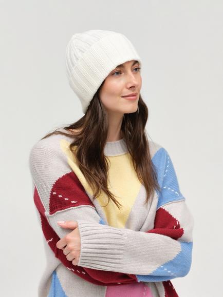 Chinti & Parker Wool Rich with Cashmere Ribbed Beanie Hat, Cream - view 2, Cream