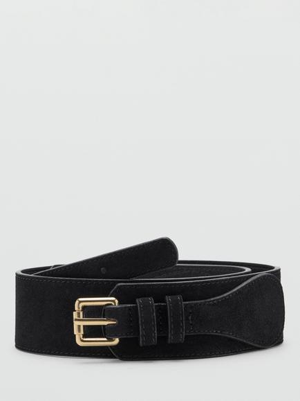 Mango Leather Wide Waist Belt, Black, Black