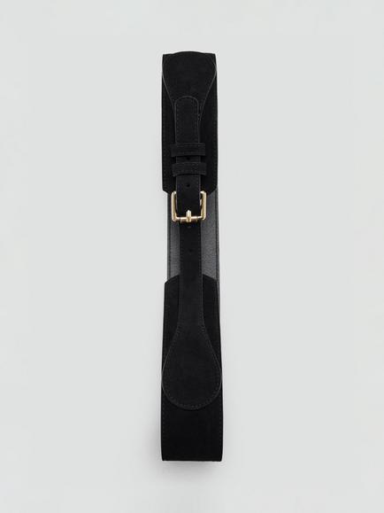 Mango Leather Wide Waist Belt, Black - view 2, Black