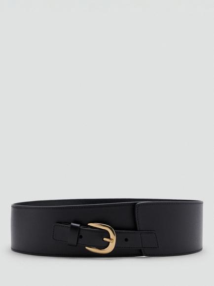 Mango Wide Leather Belt, Black, Black