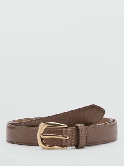 Mango Curved Buckle Leather Belt, Taupe