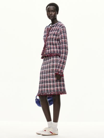 Mango Checked Tweed Fringed Hem Jacket, Navy, Navy