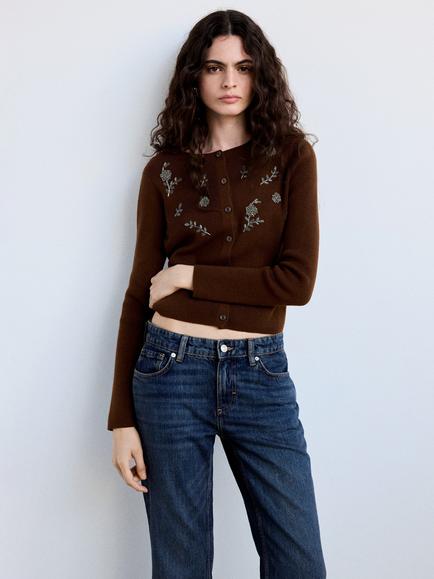 Mango Embroidery Cropped Fitted Cardigan, Brown, Brown
