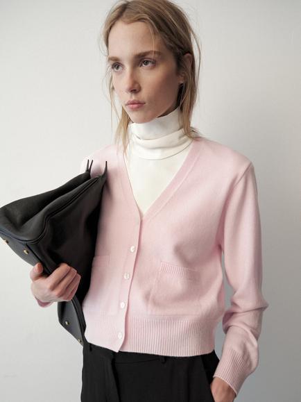 Mango Fine Knit Wool Rich with Cashmere V-Neck Cardigan, Pastel Pink