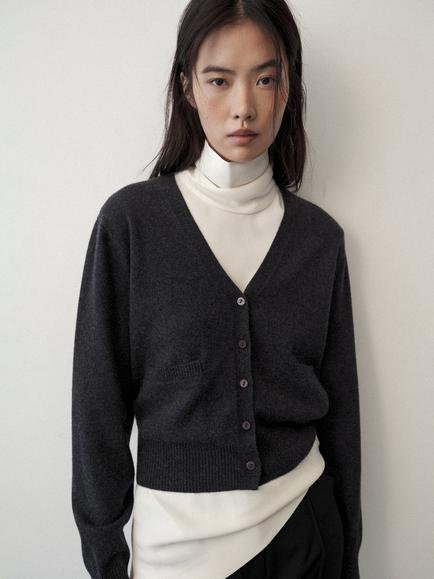 Mango Fine Knit Wool Rich with Cashmere V-Neck Cardigan, Anthracite