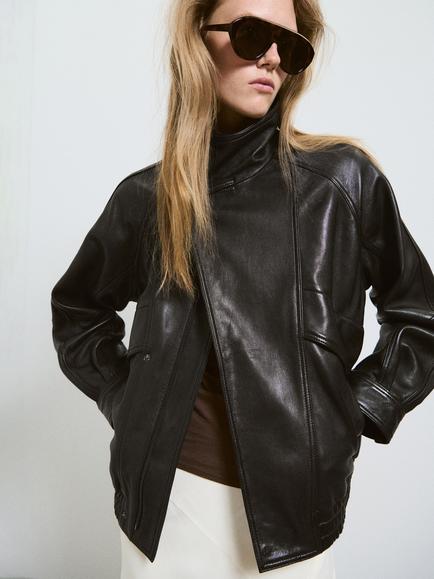 Mango Funnel Neck Oversized Leather Jacket, Chocolate, Chocolate