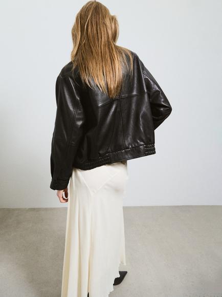 Mango Funnel Neck Oversized Leather Jacket, Chocolate - view 2, Chocolate