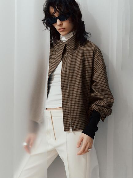 Mango Funnel Neck Cropped Jacket, Brown, Brown