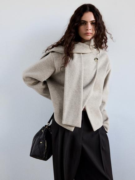 Mango Sculpted Scarf Collar Cropped Jacket, Taupe, Taupe