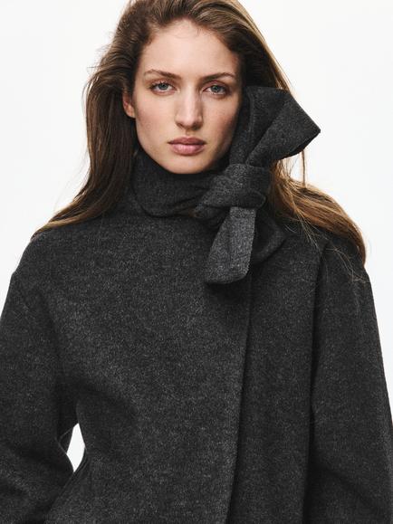 Mango Scarf Collar Tie Neck Cropped Jacket, Dark Grey Melange - view 2, Dark Grey Melange