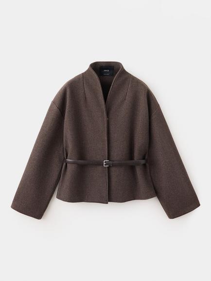 Mango Belted Cropped Jacket, Brown, Brown