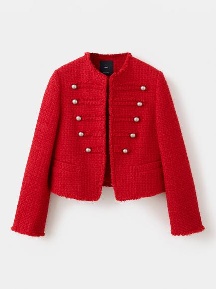 Mango Cropped Tweed Boucle Detail Jacket, Red, Red