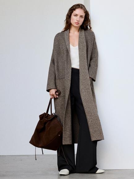 Mango Draped Belted Midi Wrap Coatigan, Black, Taupe