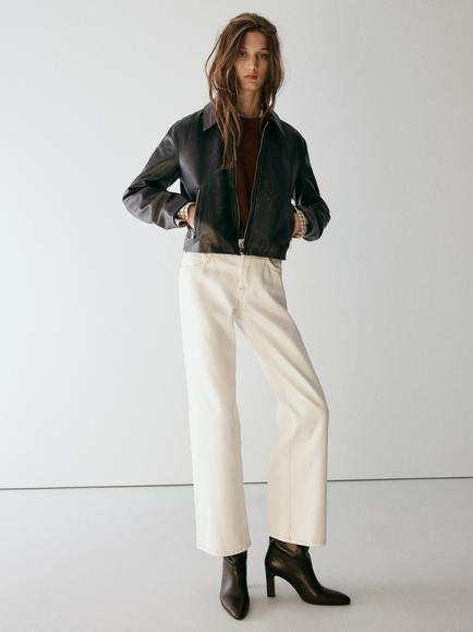 Mango Cropped Leather Jacket, Brown, Brown
