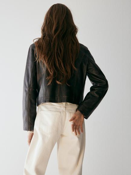 Mango Cropped Leather Jacket, Brown - view 2, Brown