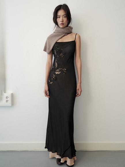 Mango Embroidered Scoop Neck Maxi Slip Dress, Black, Black