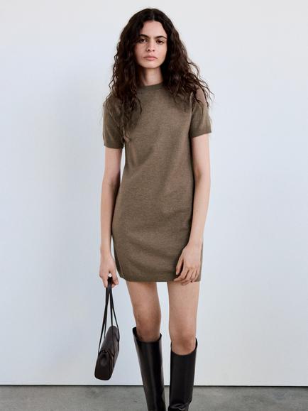 Mango Mini Short Sleeve Jumper Dress, Taupe, Taupe