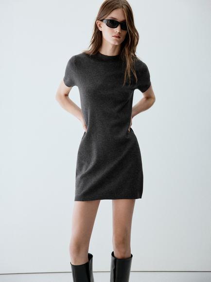 Mango Knit Short Sleeve Mini Dress, Anthracite, Anthracite