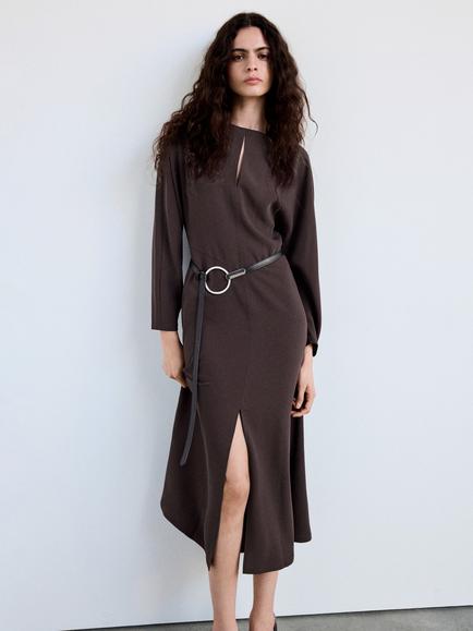 Mango Keyhole Neck Ring Belt Midi Dress, Chocolate, Chocolate