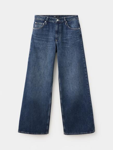 Mango Mid-Rise Wide Leg Embellished Jeans, Dark Blue, Dark Blue