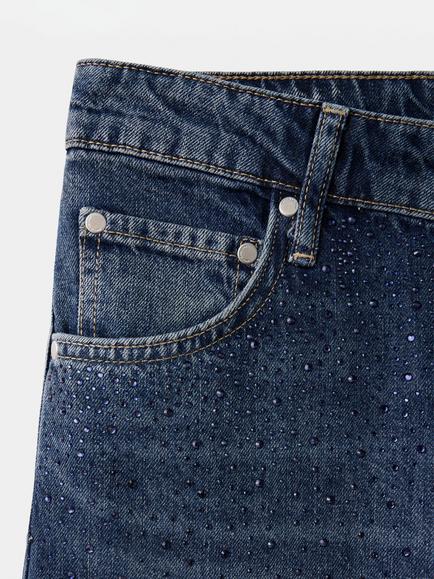 Mango Mid-Rise Wide Leg Embellished Jeans, Dark Blue - view 2, Dark Blue