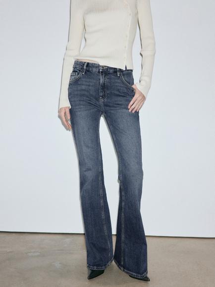 Mango High-Rise Longline Flare Jeans, Dark Blue, Dark Blue