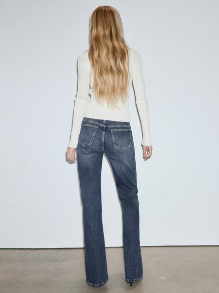 Mango High-Rise Longline Flare Jeans, Dark Blue - view 2, Dark Blue