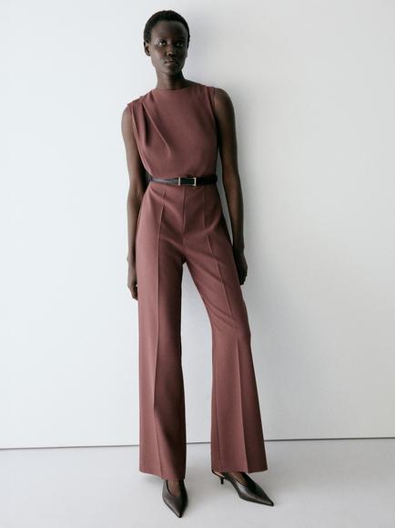 Mango High Neck Wide Leg Jumpsuit, Brown, Brown