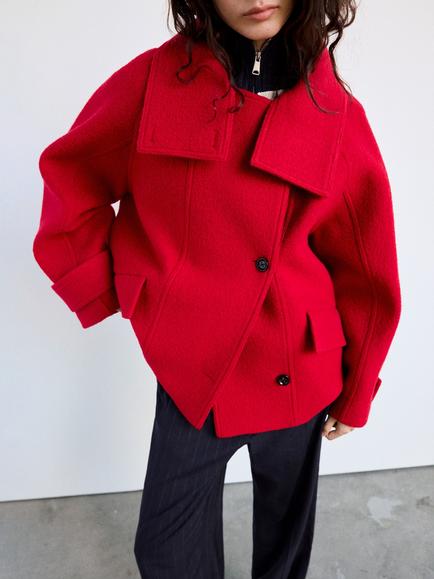 Mango Oversized Pure Wool High Neck Coat, Red