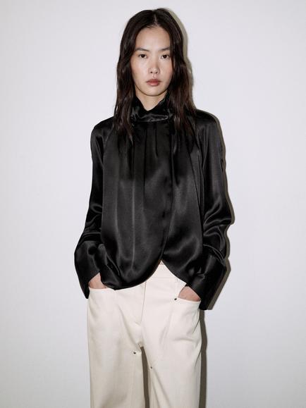 Mango Pure Silk Funnel Neck Drape Blouse, Black, Black